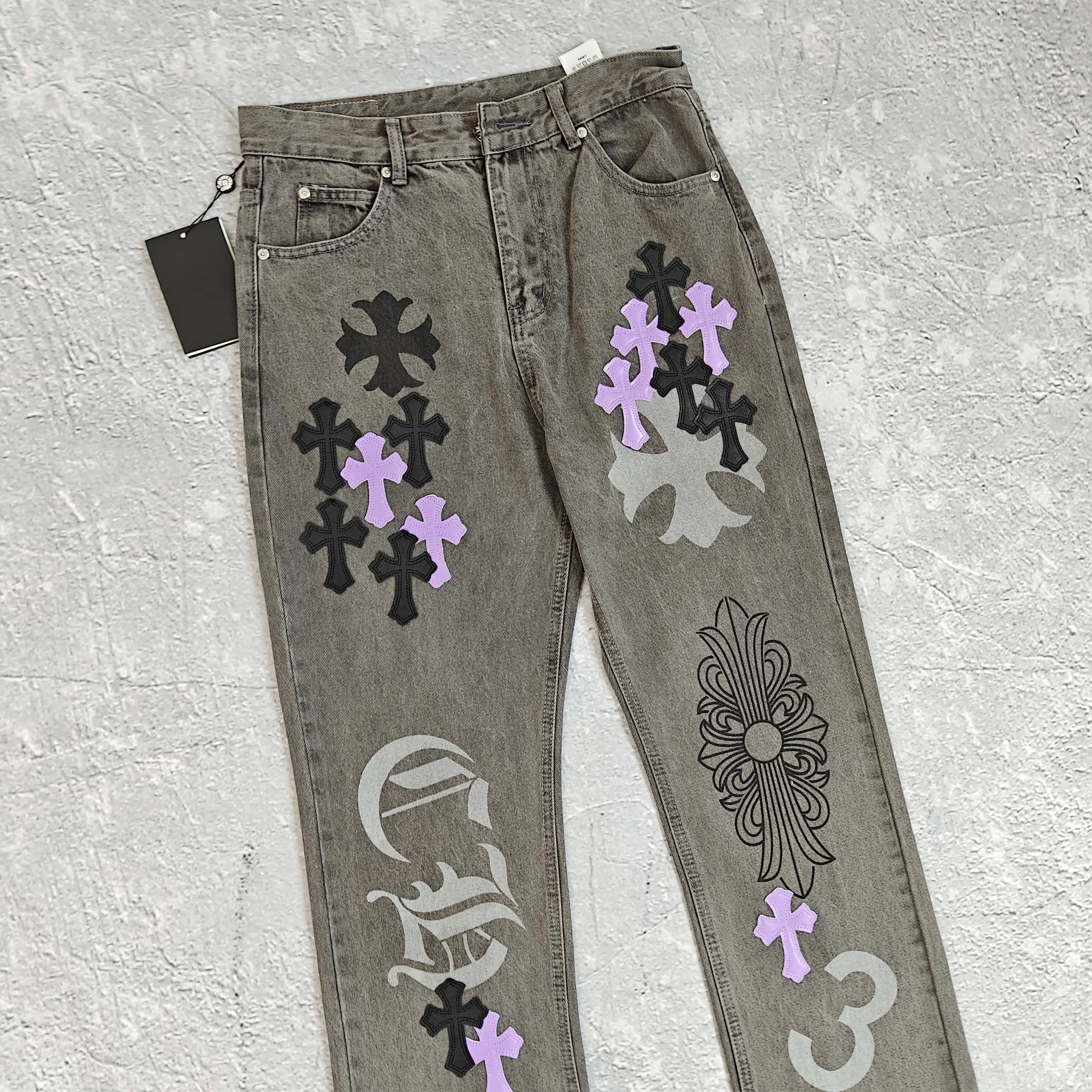 黑紫贴皮涂鸦牛仔裤 - 可 528416（YF）