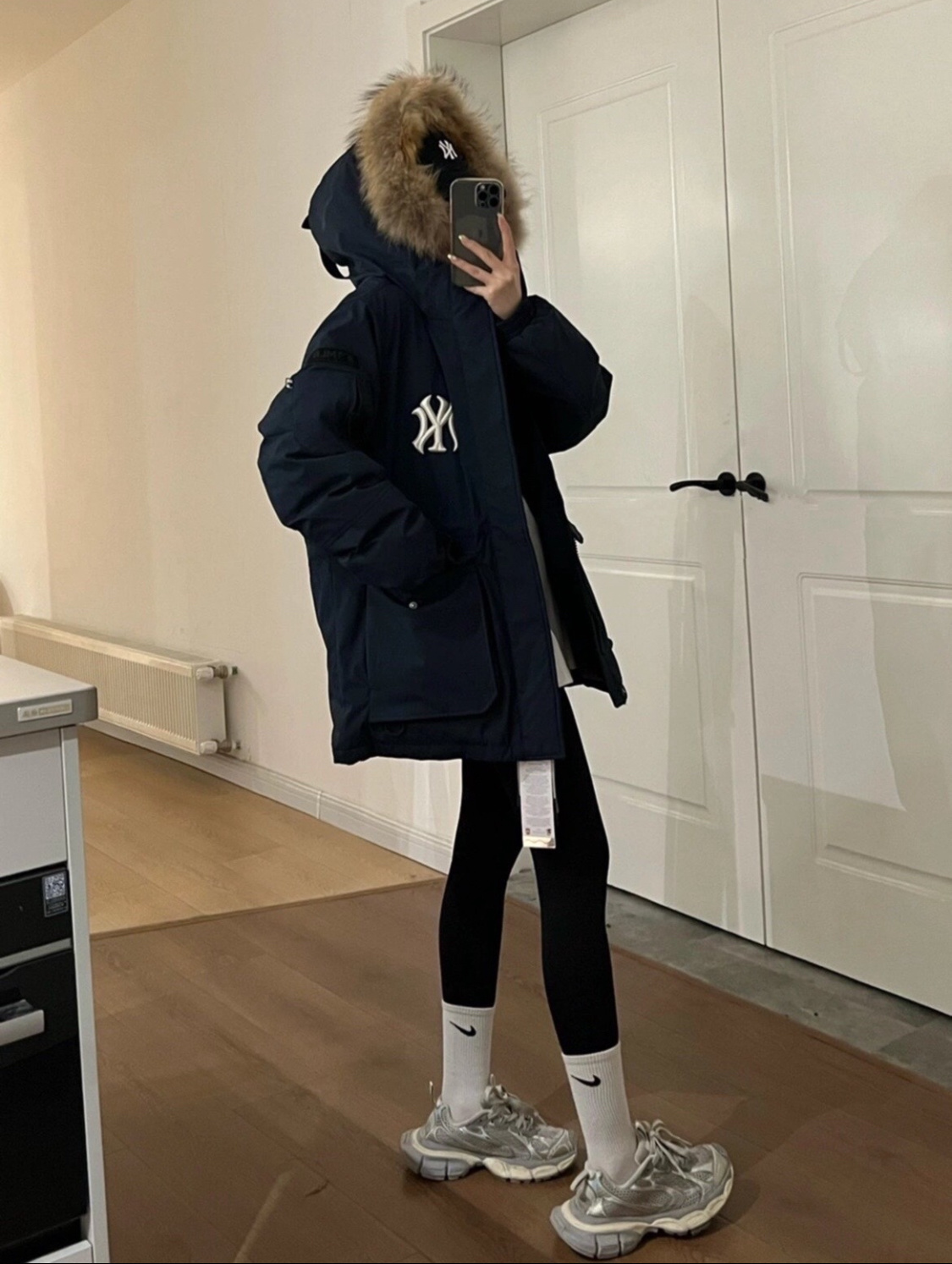 两色毛领羽绒服-麻 886007