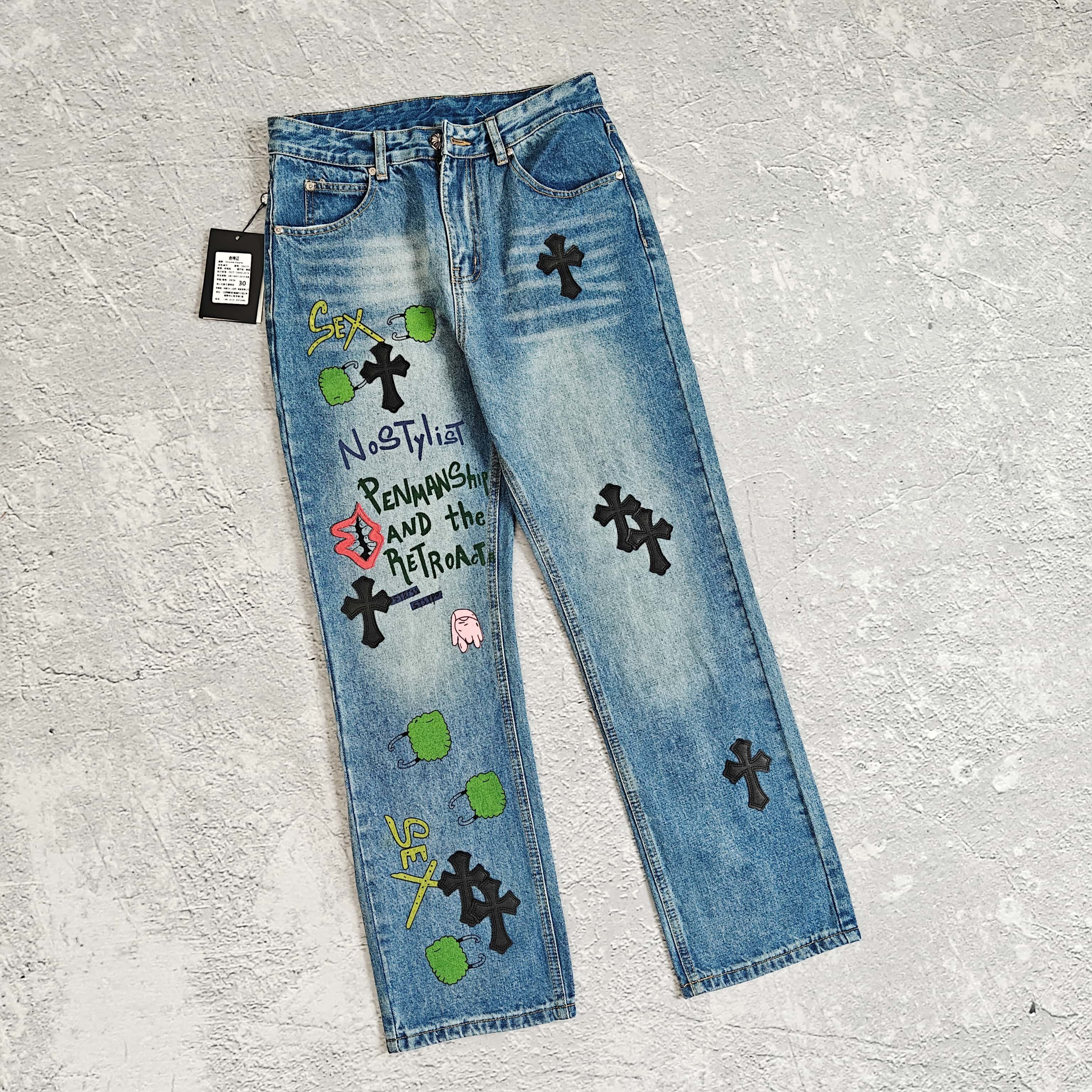 1to1reps Pants/Shorts fashion reps product 蓝色黑贴皮涂鸦牛仔裤 - 可 52841
