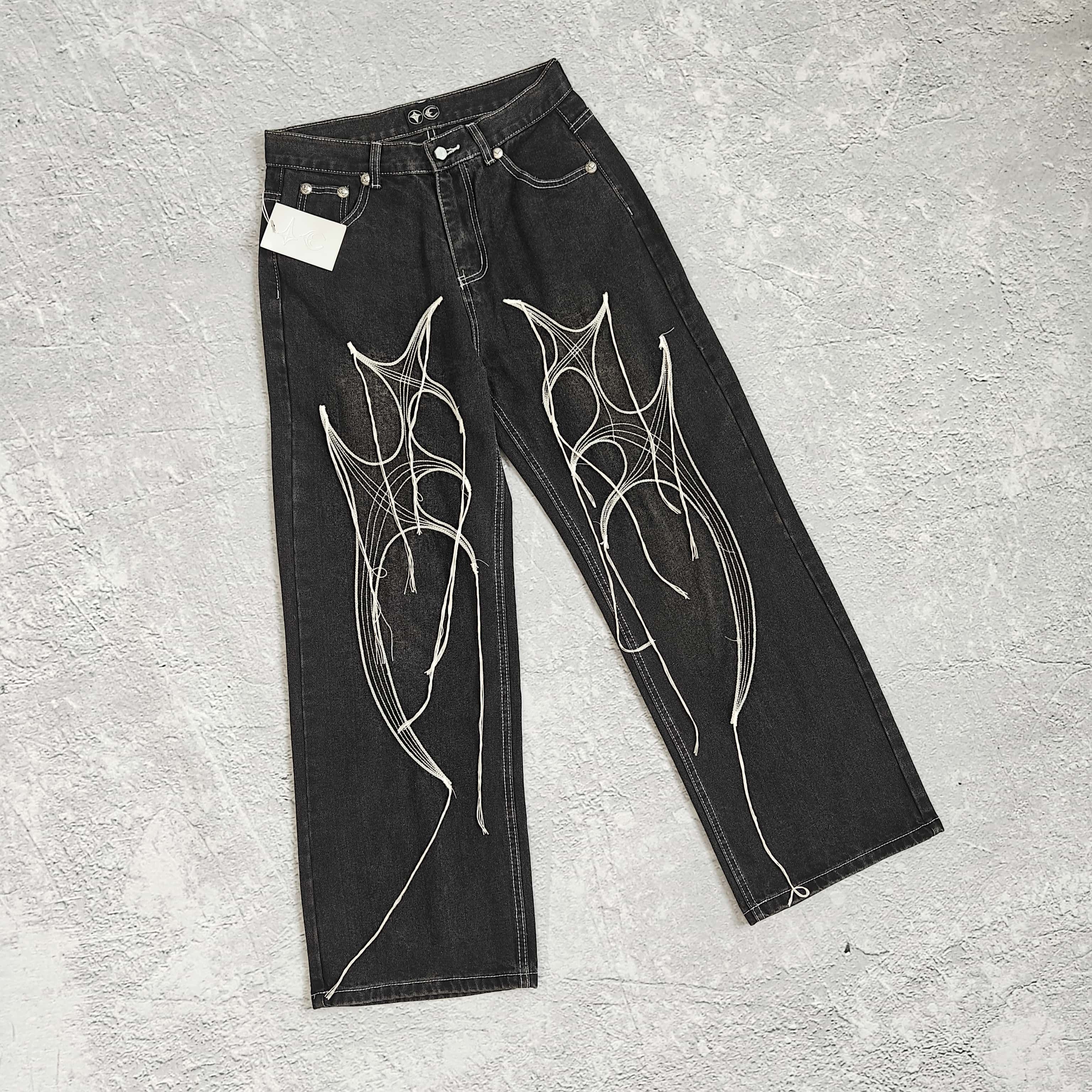 1to1reps Pants/Shorts fashion reps product 黑色部落树胡须线刺绣中腰牛仔裤 - 踢 